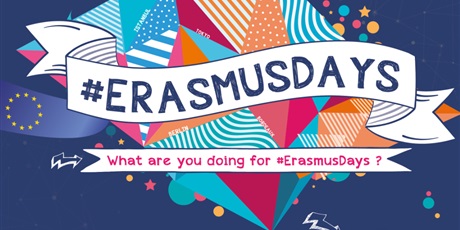 Powiększ grafikę: Obraz przedstawia logo wydarzenia Erasmus Day (na granatowym tle), na którym widoczny jest tekst Erasmus + "What are you doing for #ErasmusDays?"
